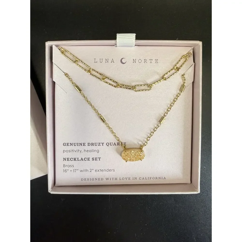 NIB Luna Norte Genuine Druzy Quartz Necklace Set Brass 16” 17” L + 2”